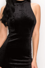 Load image into Gallery viewer, BLACK HALTER VELVET SLIT DRESS