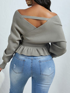 V-Neck Fold Design Grey Sweater