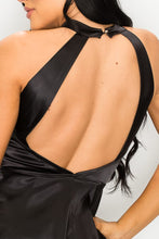 Load image into Gallery viewer, BLACK STRETCH SATIN PEPLUM HALTER BLOUSE