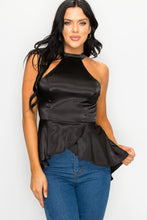 Load image into Gallery viewer, BLACK STRETCH SATIN PEPLUM HALTER BLOUSE