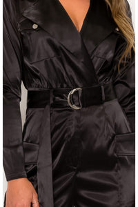 STRETCHY SATIN BELTED UTILITY JUMPSUI