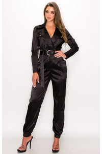 STRETCHY SATIN BELTED UTILITY JUMPSUI